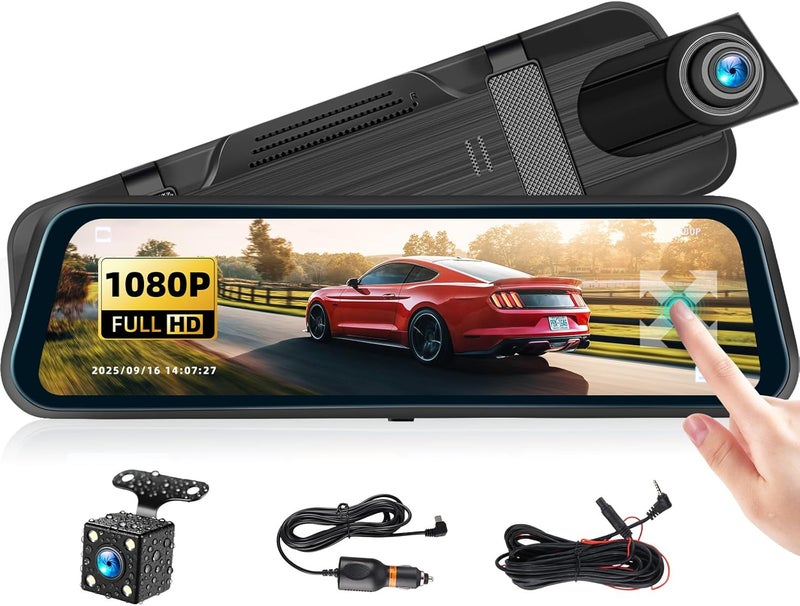 AMprime 9.66" Mirror Dash Cam,1080P Touchscreen Rear View Mirror Front and Rear View Dual Cameras,Super Night Vision,G-Sensor,Loop Recording,Parking Assistance,24H Parking Monitor,HD Waterproof Backup Camera - Image 1